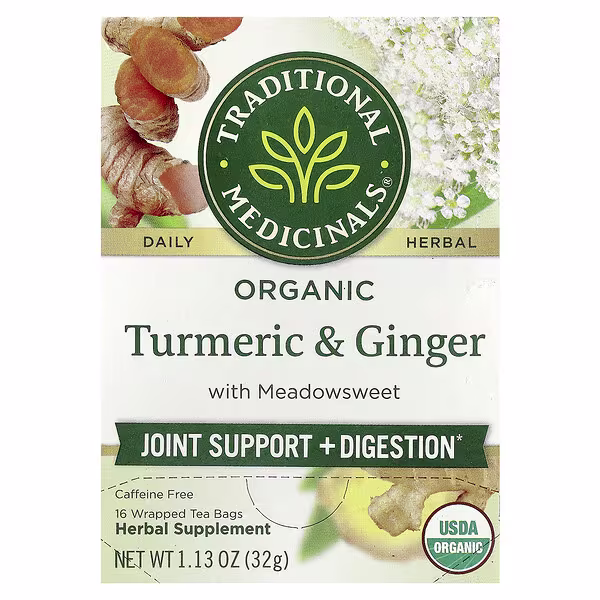 Traditional Medicinals, Organic Turmeric & Ginger with Meadowsweet, Caffeine Free, 16 Wrapped Tea Bags, 1.13 oz (32 g)