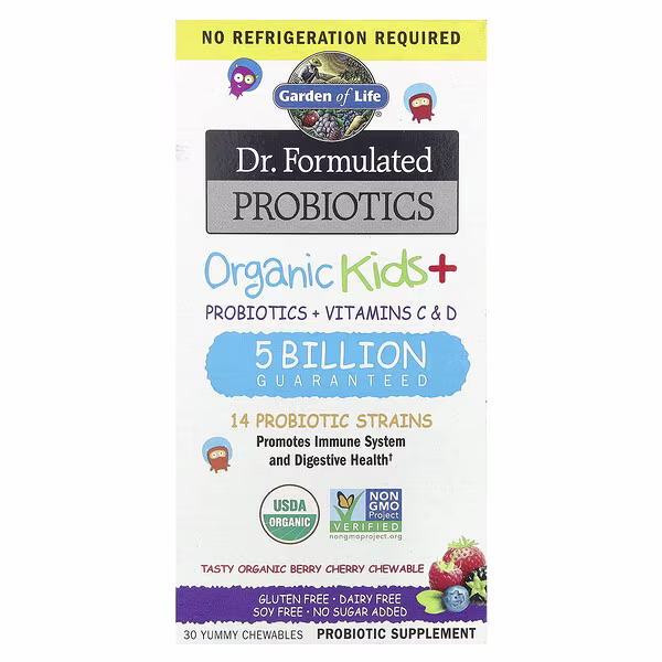 Garden of Life, Dr. Formulated Probiotics, Organic Kids + Probiotics + Vitamins C & D, Tasty Organic Berry Cherry, 30 Yummy Chewables