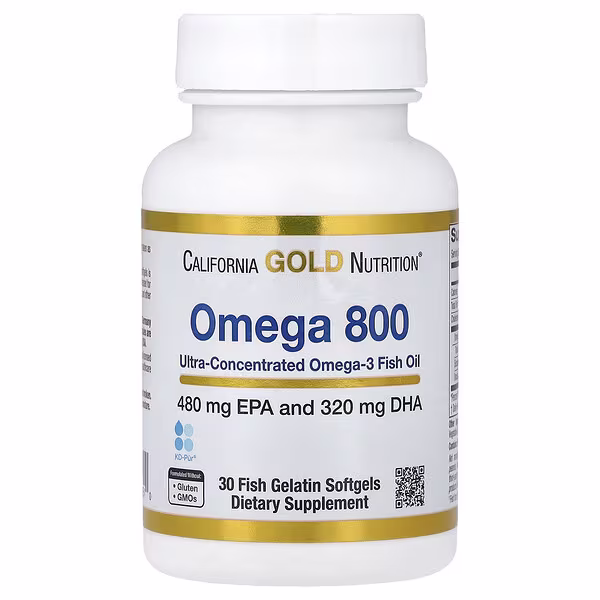 California Gold Nutrition, Omega 800 Ultra-Concentrated Omega-3 Fish Oil, kd-pur® Triglyceride Form, 30 Fish Gelatin Softgels (1,000 mg per Softgel)