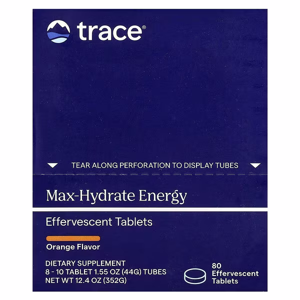 Trace, Max-Hydrate Energy Effervescent Tablets, Orange, 8 - 10 Tablet 1.55 oz (44 g) Tubes