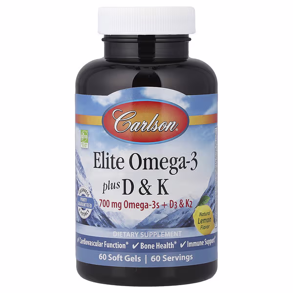 Carlson, Elite Omega-3 Plus D & K, Natural Lemon, 60 Soft Gels
