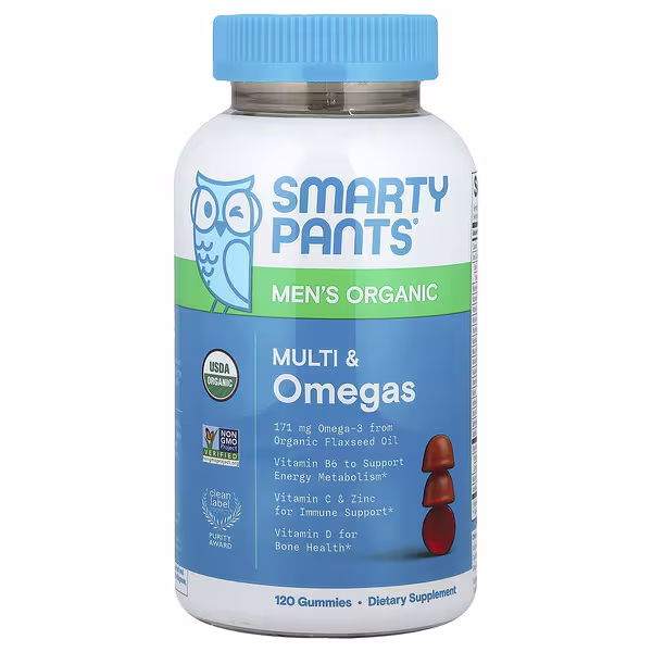 SmartyPants, Men's Organic, Multi & Omegas Gummies, Raspberry, Lemon Lime, & Grape , 120 Gummies