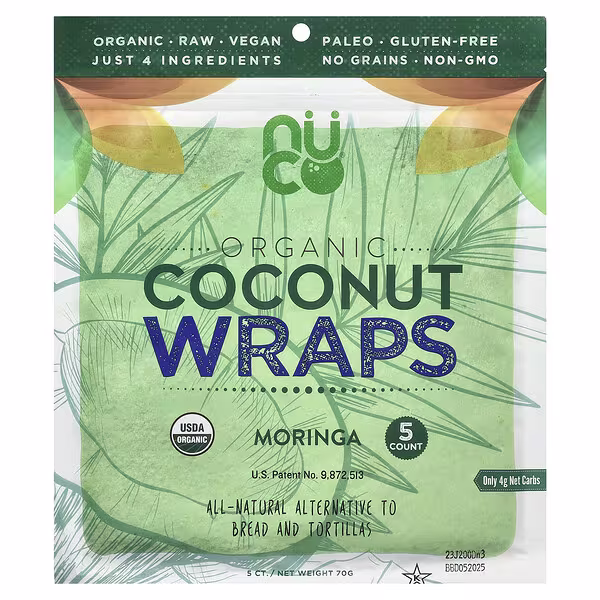 NUCO, Organic Coconut Wraps, Moringa, 5 Wraps, 14 g Each