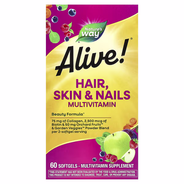 Nature's Way, Alive!® Hair, Skin & Nails Multivitamin, Strawberry, 60 Softgels