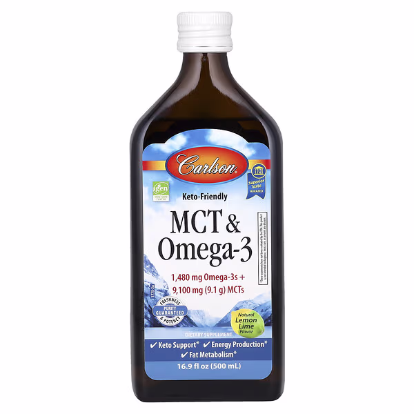 Carlson, MCT & Omega-3, Keto Friendly, Natural Lemon Lime, 16.9 fl oz (500 ml)