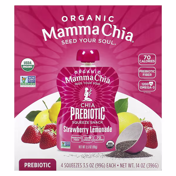 Mamma Chia, Organic Chia Prebiotic Squeeze Snack, Strawberry Lemonade, 4 Pack, 3.5 oz (99 g) Each