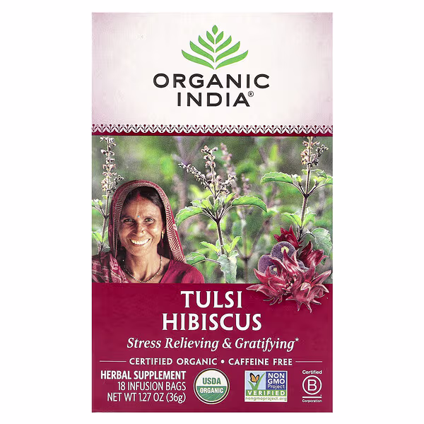 Organic India, Tulsi Hibiscus Tea, Caffeine-Free, 18 Infusion Bags, 1.27 oz (36 g)