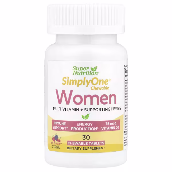 Super Nutrition, SimplyOne®, Women, Multivitamin + Supporting Herbs with Vitamin A, and Organic Botanical Blend, Wild-Berry, 30 Chewables