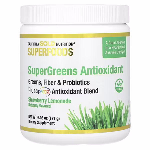 California Gold Nutrition, Superfoods, Supergreens Antioxidant with Fiber, Pre/Probiotic Blend, Plus Spectra™ Antioxidant Blend, Strawberry Lemonade, 6.03 oz (171 g)
