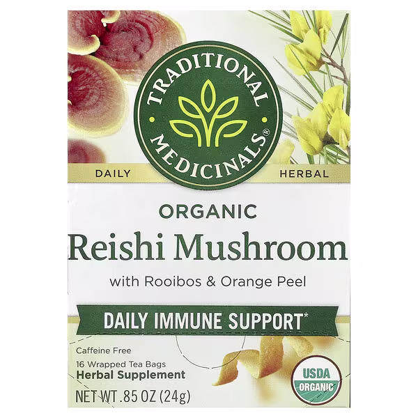 Traditional Medicinals, Organic Reishi Mushroom with Rooibos & Orange Peel, Caffeine Free, 16 Wrapped Tea Bags, 0.85 oz (24 g)