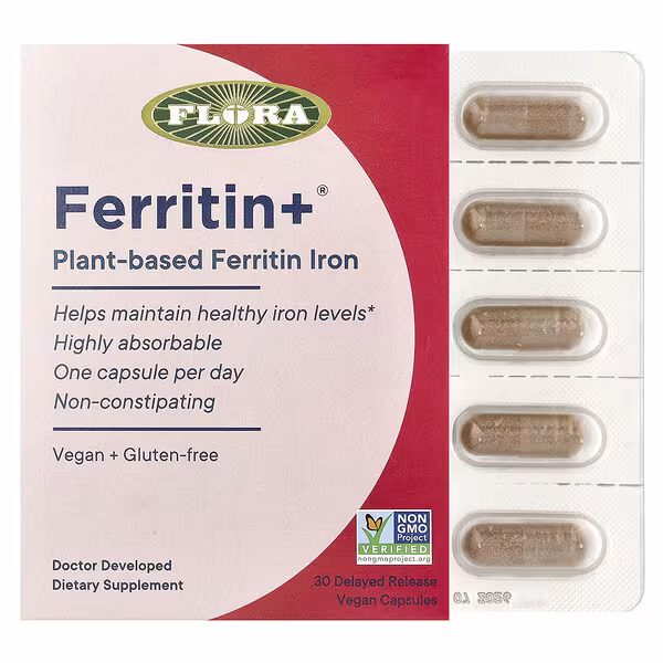 Flora, Ferritin+®, Plant-Based Ferritin Iron, 30 Delayed Release Vegan Capsules (20 mg per Capsule)