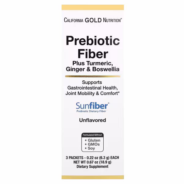 California Gold Nutrition, Prebiotic Fiber Plus Turmeric Extract, Organic Ginger Extract and Boswellia Extract , 3 Packets, 0.22 oz (6.3 g) Each
