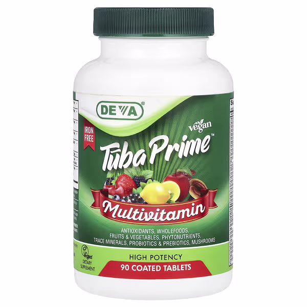 Deva, Vegan Tuba Prime™, Multivitamin, Iron Free, High Potency, 90 Coated Tablets