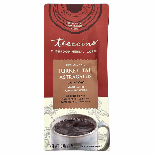Teeccino, Mushroom Herbal Coffee, Turkey Tail Astragalus, Toasted Maple, Medium Roast, Caffeine Free, 10 oz (284 g)