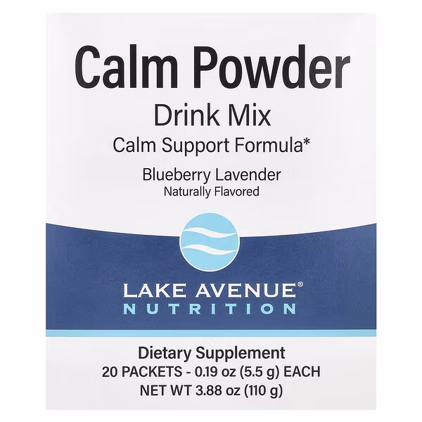 Lake Avenue Nutrition, Calm Powder Drink Mix with Potassium and AminoCalm Blend, L-Tryptophan and L-Theanine, Blueberry Lavender, 20 Packets, 0.19 oz (5.5 g) Each