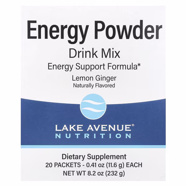 Lake Avenue Nutrition, Energy Powder Drink Mix with Potassium, Sodium, Caffeine, and Vitamin C, Lemon Ginger, 20 Packets, 0.41 oz (11.6 g) Each