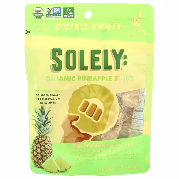 Solely, Organic Dried Fruit, Pineapple Rings, 3.5 oz (100 g)