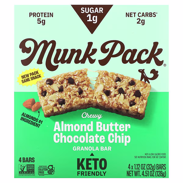 Munk Pack, Chewy Granola Bar, Almond Butter Chocolate Chip, 4 Bars, 1.12 oz (32 g) Each