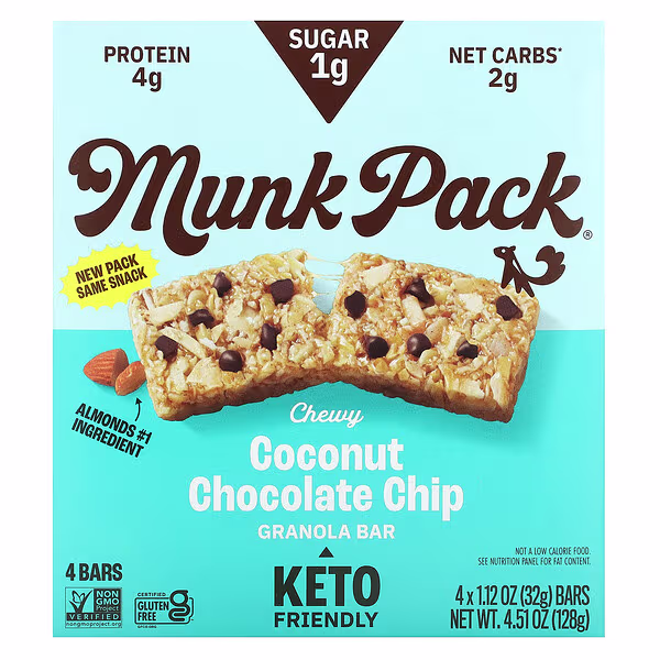 Munk Pack, Chewy Granola Bar, Coconut Chocolate Chip, 4 Bars, 1.12 oz (32 g) Each