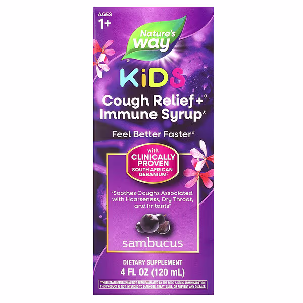 Nature's Way, Kids, Cough Relief + Immune Syrup, Ages 1+, Sambucus, 4 fl oz (120 ml)