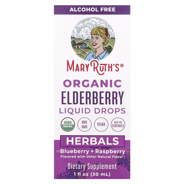 MaryRuth's, Organic Elderberry Liquid Drops, Alcohol Free, Blueberry + Raspberry, 1 fl oz (30 ml)