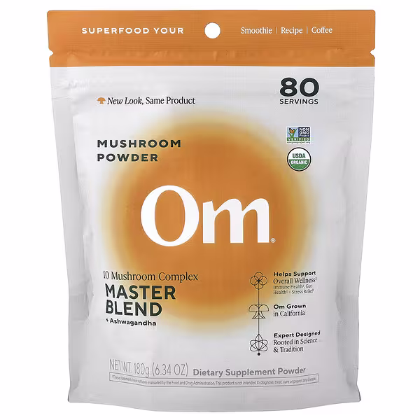 Om Mushrooms, Mushroom Powder, 10 Mushroom Complex, Master Blend + Ashwagandha, 6.34 oz (180 g)
