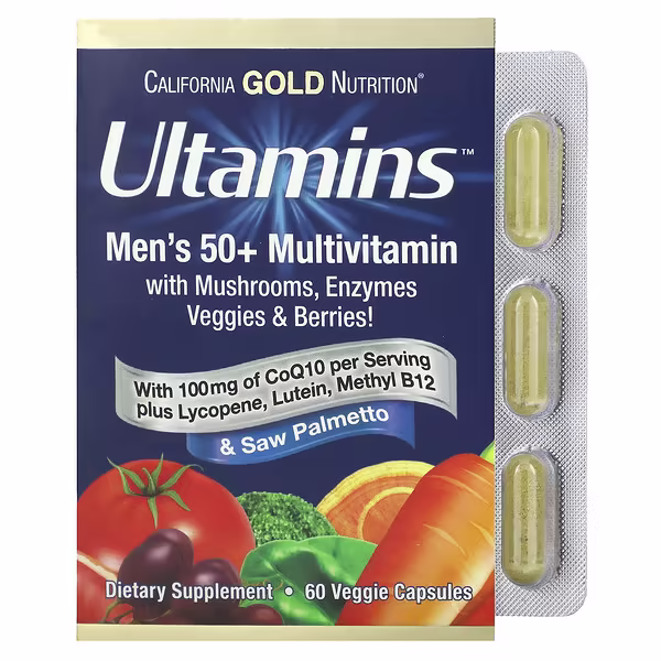 California Gold Nutrition, Ultamins Men's 50+ Multivitamin with CoQ10, Mushrooms, Enzymes, Veggies & Berries, 60 Veggie Capsules