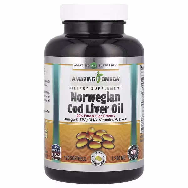Amazing Nutrition, Norwegian Cod Liver Oil, Lemon, 1,250 mg, 120 Softgels