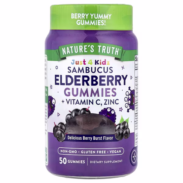 Nature's Truth, Just 4 Kidz, Sambucus Elderberry Gummies + Vitamin C, Zinc, Delicious Berry Burst, 50 Gummies
