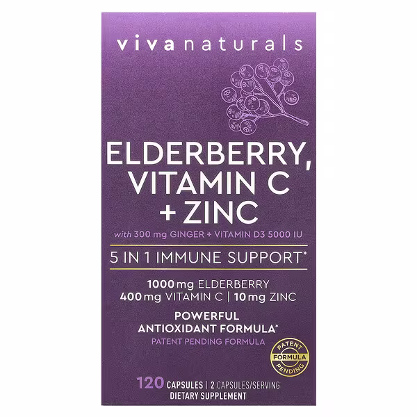 Viva Naturals, Elderberry, Vitamin C + Zinc, 120 Capsules