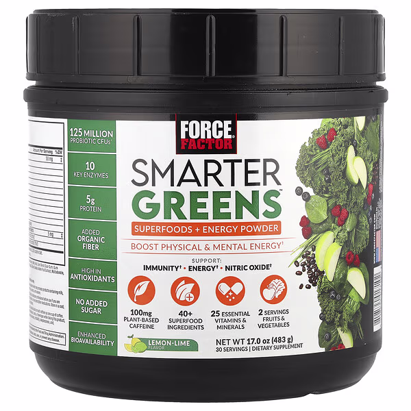 Force Factor, Smarter Greens™, Superfoods + Energy Powder, Lemon-Lime, 17 oz (483 g)