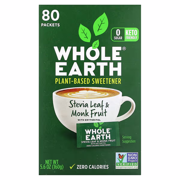 Whole Earth, Stevia Leaf & Monk Fruit with Erythritol, 80 Packets, 5.6 oz (160 g)