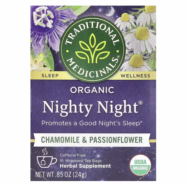 Traditional Medicinals, Organic Nighty Night®, Chamomile & Passionflower, Caffeine Free, 16 Wrapped Tea Bags, 0.85 oz (24 g)