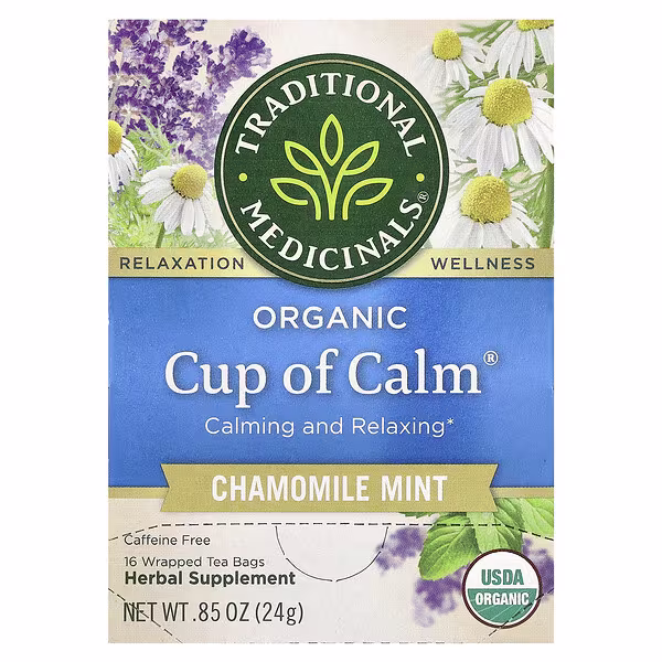 Traditional Medicinals, Organic Cup of Calm, Chamomile Mint, Caffeine Free, 16 Wrapped Tea Bags, 0.85 oz (24 g)