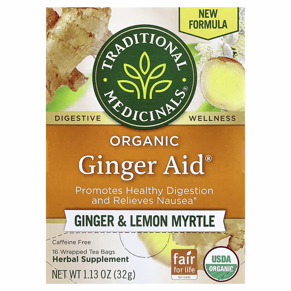 Traditional Medicinals, Organic Ginger Aid®, Ginger & Lemon Myrtle, Caffeine Free, 16 Wrapped Tea Bags, 1.13 oz (32 g)