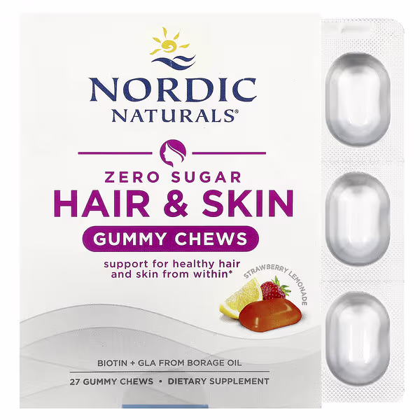 Nordic Naturals, Zero Sugar Hair & Skin Gummy Chews, Strawberry Lemonade, 27 Gummy Chews