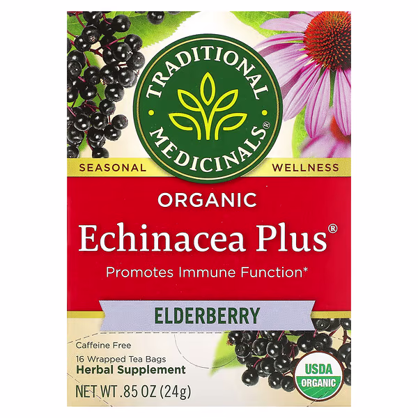 Traditional Medicinals, Organic Echinacea Plus®, Elderberry, Caffeine Free, 16 Wrapped Tea Bags, 0.85 oz (24 g)