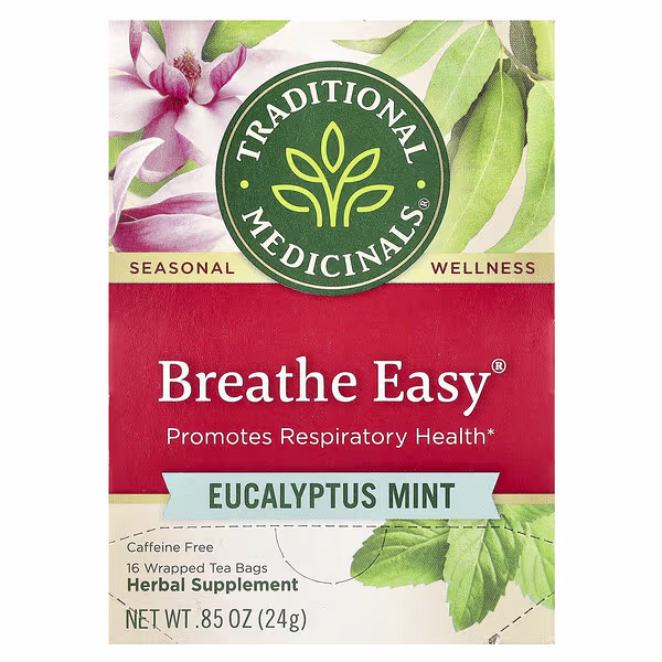 Traditional Medicinals, Breathe Easy®, Eucalyptus Mint, Caffeine Free, 16 Wrapped Tea Bags, 0.85 oz (24 g)