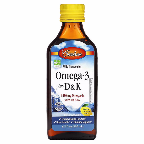 Carlson, Omega 3 Plus D & K, Natural Lemon, 1,430 mg , 6.7 fl oz (200 ml)
