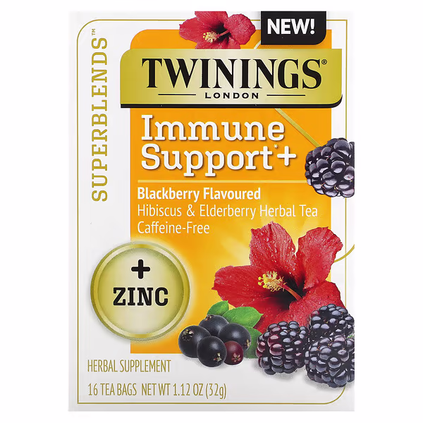 Twinings, Superblends™, Immune Support+ Hibiscus & Elderberry Herbal Tea, Blackberry, Caffeine-Free, 16 Tea Bags, 1.12 oz (32 g)