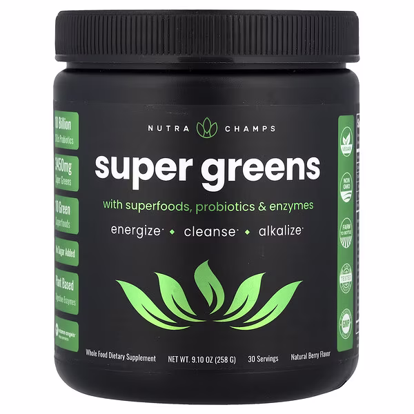 NutraChamps, Super Greens With Superfoods, Probiotics & Enzymes, Natural Berry, 9.10 oz (258 g)