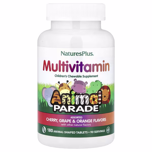 NaturesPlus, Animal Parade, Children's Chewable Multivitamin Supplement, Cherry, Grape & Orange, 180 Animal-Shaped Tablets