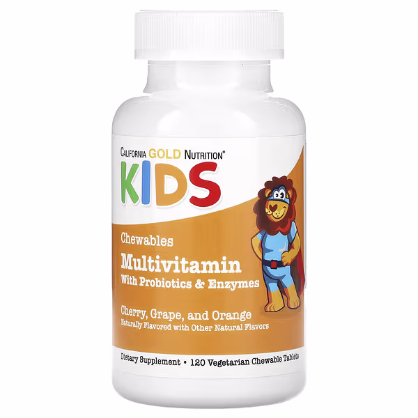 California Gold Nutrition, Chewable Multivitamins with Probiotics, Enzymes, Vitamin A and Vitamin C for Children, Assorted Fruit, 120 Vegetarian Tablets