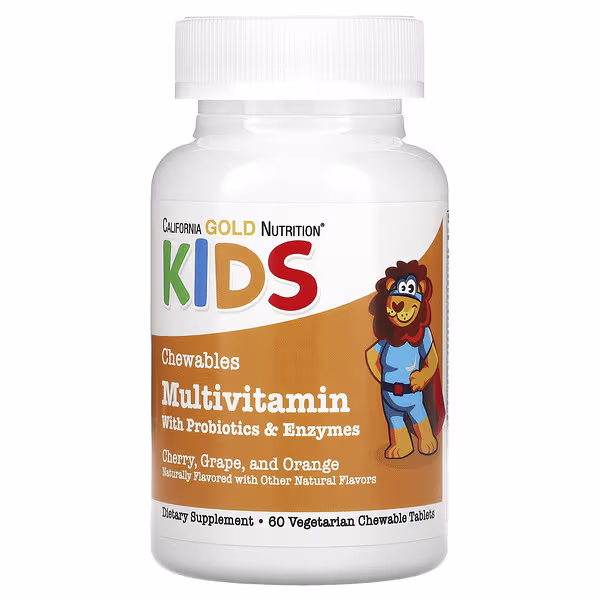 California Gold Nutrition, Chewable Multivitamins with Probiotics, Enzymes, Vitamin A and Vitamin C for Children, Assorted Fruit, 60 Vegetarian Tablets