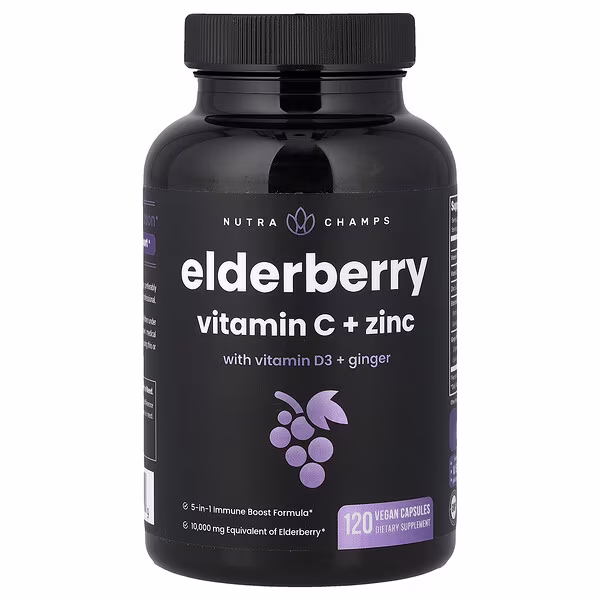 NutraChamps, Elderberry, Vitamin C + Zinc with Vitamin D3 + Ginger, 120 Vegan Capsules