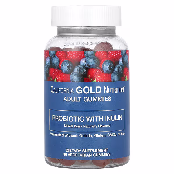 California Gold Nutrition, Probiotic with Inulin Gummies with Vitamin C, Folate, Berry Extract Blend and Organic Inulin, Natural Mixed Berry, 90 Vegetarian Gummies