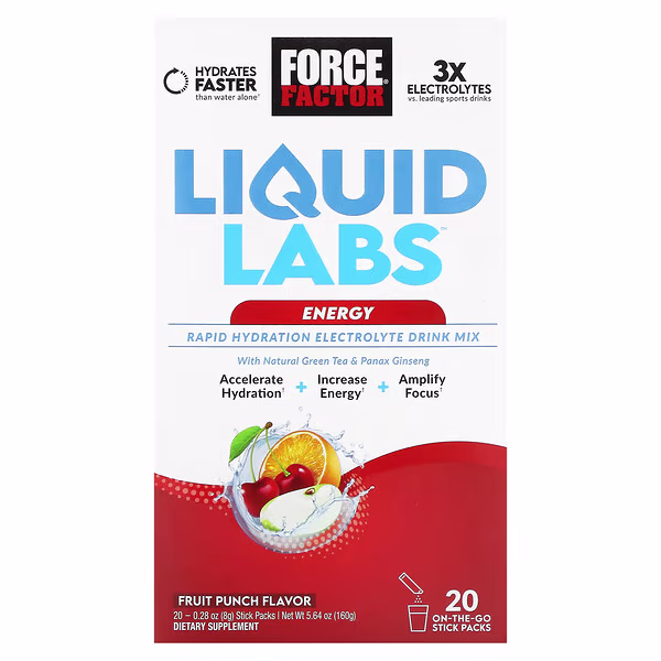 Force Factor, Liquid Labs™ Energy, Rapid Hydration Electrolyte Drink Mix, Fruit Punch, 20 Stick Packs, 0.28 oz (8 g) Each
