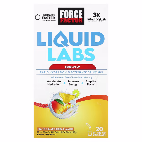 Force Factor, Liquid Labs™ Energy, Rapid Hydration Electrolyte Drink Mix, Mango Margarita, 20 Stick Packs, 0.28 oz (8 g) Each