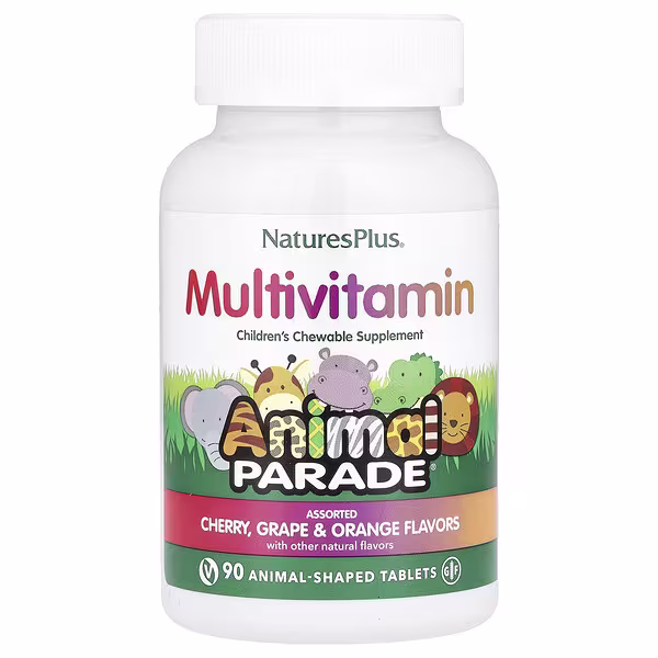 NaturesPlus, Animal Parade®, Children's Chewable Multivitamin, Cherry, Grape & Orange, 90 Animal-Shaped Tablets