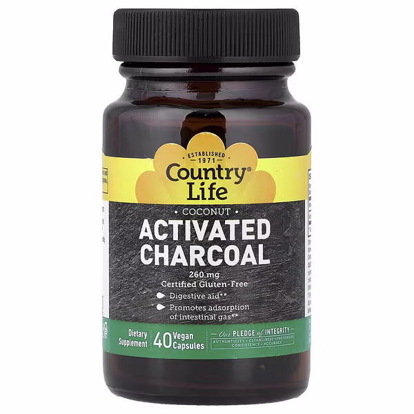Country Life, Activated Charcoal, Coconut, 40 Vegan Capsules (260 mg per Capsule)